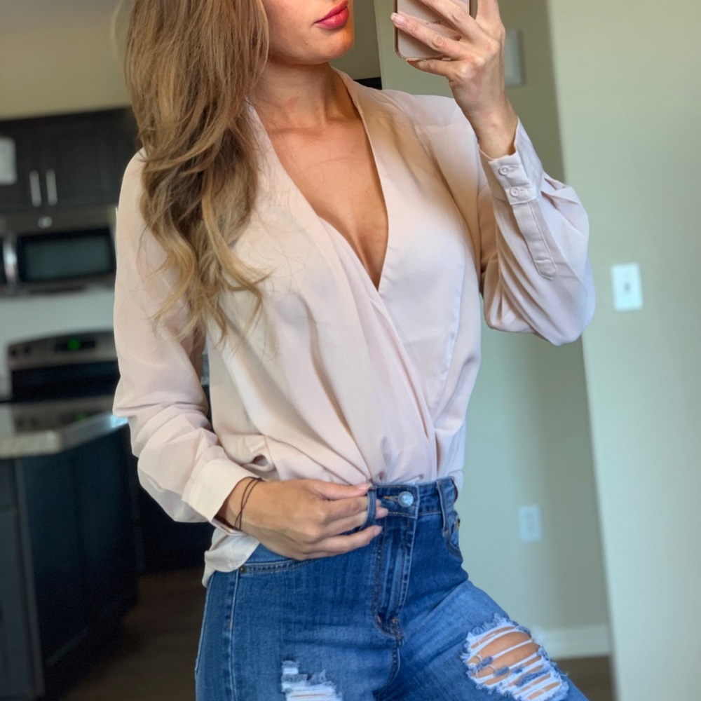 -Light Pink Wrap Surplice Blouse-